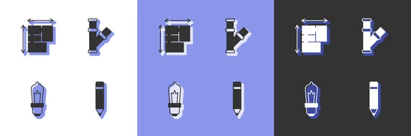 Set Lápiz con borrador, Plano de la casa, Bombilla de luz e icono de tubo metálico de la industria. Vector — Vector de stock