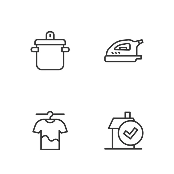 Set line Servicio de limpieza para el hogar, Ropa de secado, Cocina olla e icono de plancha eléctrica. Vector — Archivo Imágenes Vectoriales