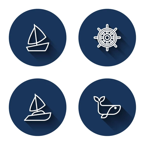 Definir linha veleiro iate, volante do navio, e baleia com sombra longa. Botão de círculo azul. Vetor — Vetor de Stock