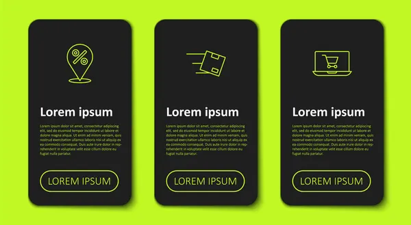 Définir l'emplacement de ligne avec pour cent, boîte en carton et ordinateur portable d'écran de panier. Modèle d'infographie d'entreprise. Vecteur — Image vectorielle