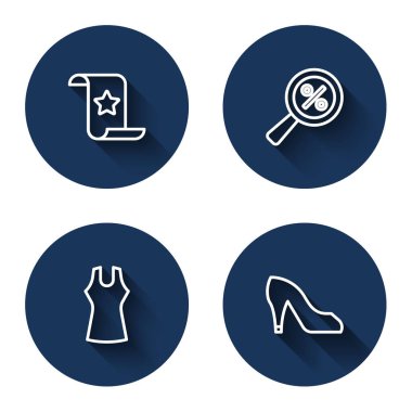 Kağıt çeki ve mali kontrol, yüzde elli büyüteç kadın elbisesi ve uzun gölgeli ayakkabı. Mavi daire düğmesi. Vektör