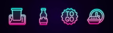 Cep telefonundan yiyecek, sos şişesi, kahve fincanı siparişi hazır olsun. Parlayan neon ikonu. Vektör