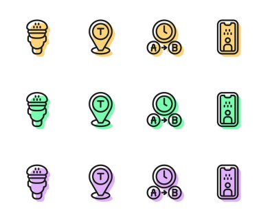 Taksi durağı, şoför, konum taksisi ve ehliyet simgesi. Vektör