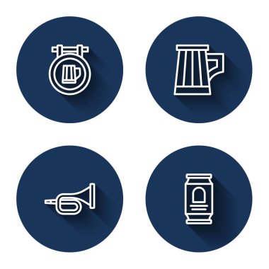 Sokak tabelasını bira, tahta bardak, trompet ve uzun gölgeli bira kutusuyla dizin. Mavi daire düğmesi. Vektör