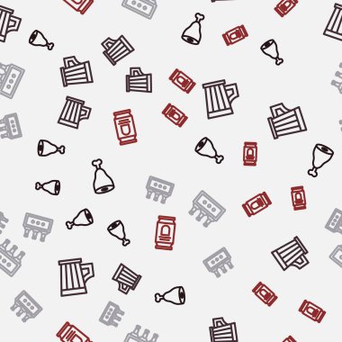 Hattı ayarla Tavuk budu, tahta bira kupası, bir paket şişe ve bira kutusu kusursuz desenli. Vektör