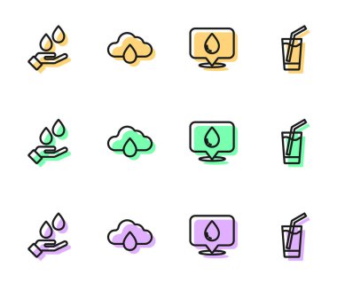 Misinayı konuma göre ayarla, el yıkama sabunu, bulut yağmuru ve cam su ikonu. Vektör