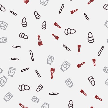 Sıraya dizilmiş bıçak, tavuk yumurtası, reçel kavanozu ve çatalı kusursuz desene göre ayarla. Vektör