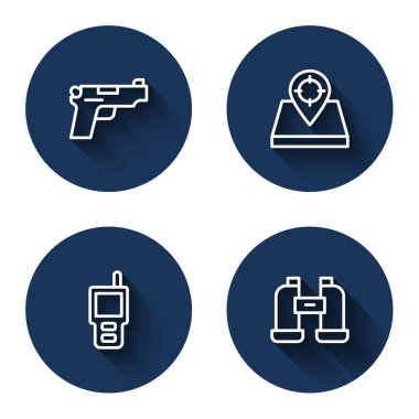 Tabanca ya da silah hattı, av alanı, telsiz ve uzun gölgeli dürbün. Mavi daire düğmesi. Vektör