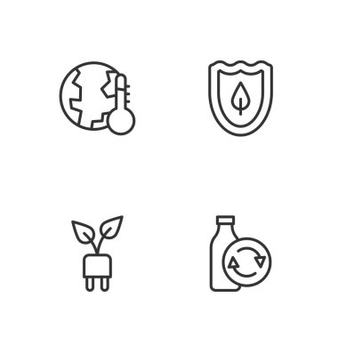 Plastik şişe geri dönüşüm hattı, elektrik prizi yaprağı, küresel ısınma için eriyen dünya ve ikonla kalkan. Vektör