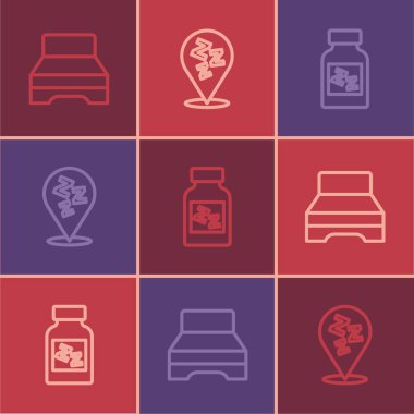 Büyük yatak, uyku hapı ve uyku ikonu. Vektör