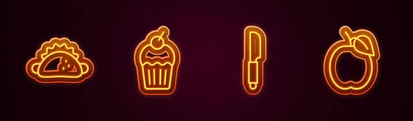 Set lijn Taco met tortilla, muffin, mes en pruimenfruit. Een gloeiend neon icoon. Vector — Stockvector