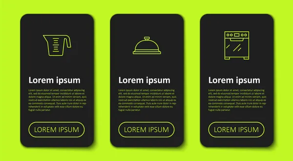 Definir linha Copo de medição, Coberto com bandeja de alimentos e Forno. Modelo de infográfico de negócios. Vetor — Vetor de Stock