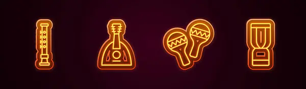 Set hattı Flüt, Balalaika, Maracas ve Afrika djembe davulu. Parlayan neon ikonu. Vektör — Stok Vektör