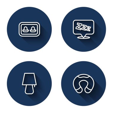 Depolama kutusu, Uykucu, Masa lambası ve uzun gölgeli seyahat boyun yastığı ile hat tıkaçlarını ayarlayın. Mavi daire düğmesi. Vektör