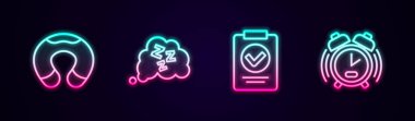 Sıraya girin. Boyun yastığı, uykulu, reçeteli ilaç ve alarmlı saat. Parlayan neon ikonu. Vektör