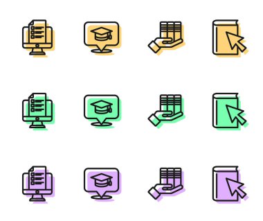 Satır Kitap bağışı, çevrimiçi sınav, test, inceleme, mezuniyet konuşması balonu ve kitap ikonu ayarla. Vektör