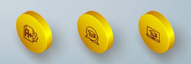 Isometric satır sınav kağıdını A + notu, konuşma balonu ve dizüstü bilgisayar simgesinden mezun olma başlığı ile ayarla. Vektör