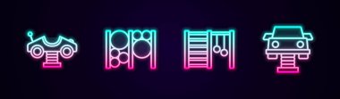 Set hattı Swing Car, Oyun alanı tırmanma ekipmanları, İsveç duvarı ve. Parlayan neon ikonu. Vektör