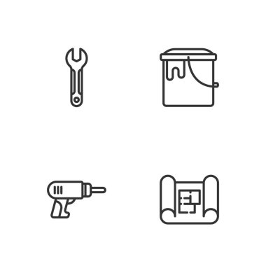 Çizgi ev planı, elektrikli matkap, anahtarlar ve boya kovası ikonu. Vektör