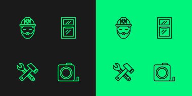 Çizgi Rulet inşaatı, Hammer ve İngiliz anahtarı, İnşaatçı ve Pencereyi oda simgesine yerleştir. Vektör