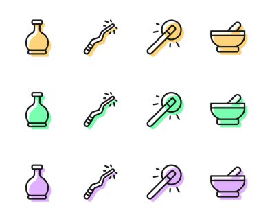 Sihirli değnek, iksirli şişe ve cadı kazanı ikonu. Vektör