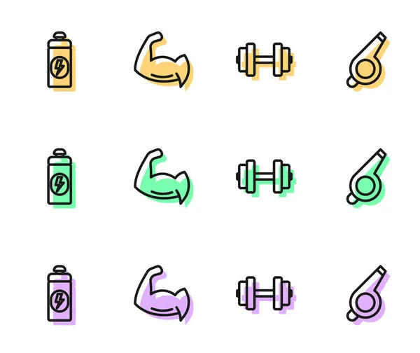 Set line Brumbál, Fitness Shaker, kulturista ukazující svaly a ikonu Píšťalka. Vektor — Stockový vektor