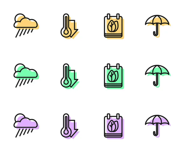 Linienkalender mit Herbstblättern, Wolkenregen und Sonne, Thermometer und Regenschirm-Symbol. Vektor — Stockvektor