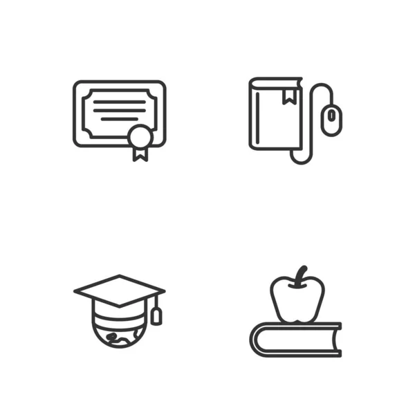 Definir linha de livro com maçã, tampa de graduação no globo, modelo de certificado e ícone do mouse livro eletrônico. Vetor — Vetor de Stock