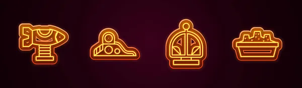 Set line Swing plane, Slide playground, Attraction carousel and Sandbox with sand. Glowing neon icon. Vector — Stock Vector