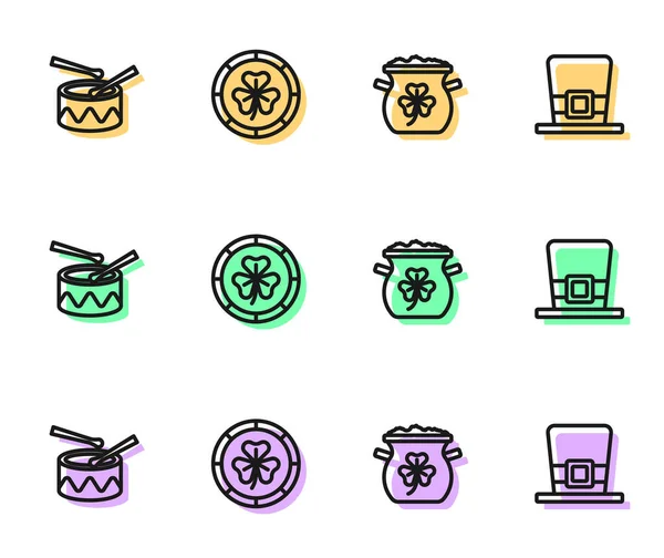 Set line Hrnec zlatých mincí, Buben s bicí hole, Zlatý leprikón a Leprechaun klobouk ikona. Vektor — Stockový vektor