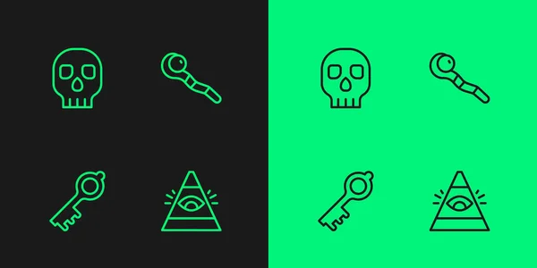 Stel lijn in All-seeing eye of God, Old magic key, Skull and Magic staff icon. Vector — Stockvector