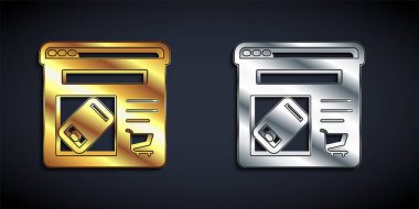 Siyah arkaplanda izole edilmiş ekran simgesinden altın ve gümüş alışverişi. Konsept e-ticaret, e-ticaret, online iş pazarlama. Uzun gölge tarzı. Vektör