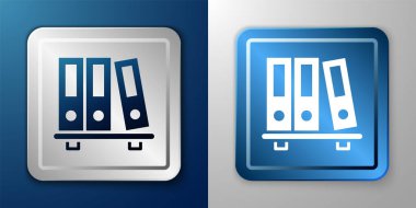 Mavi ve gri arkaplan üzerinde kağıt ve belge simgesi bulunan Beyaz Saray dosyaları. Ofis dosyaları. Dosya arşivleme işareti. Gümüş ve mavi kare düğme. Vektör