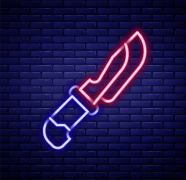 Parlayan neon çizgili bıçak simgesi tuğla duvar arkasında izole edilmiş. Çatal bıçak sembolü. Renkli taslak konsepti. Vektör