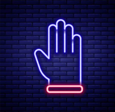 Parlayan neon çizgisi lastik eldiven ikonu tuğla duvar arka planında izole edilmiş. Lateks el koruması işareti. Ev işi temizlik ekipmanları sembolü. Renkli taslak konsepti. Vektör