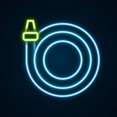 Parlayan neon hattı bahçe hortumu ikonu siyah arka planda izole edildi. Sprey tabanca ikonu. Su ekipmanları. Renkli taslak konsepti. Vektör