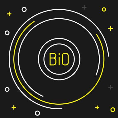 Çizgi Banner, etiket, etiket, biyoyeşil sağlıklı yiyecek simgesi için logo siyah arkaplanda izole edilmiş. Organik ürün. Sağlıklı yemek etiketi. Renkli taslak konsepti. Vektör