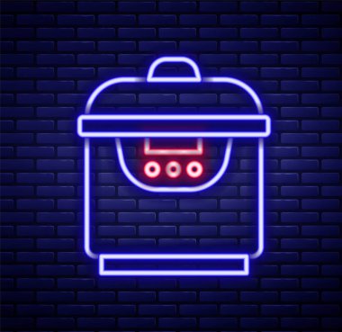 Parlayan neon hattı. Tuğla duvar arka planında Yavaş pişirme ikonu izole edildi. Elektrikli tava. Renkli taslak konsepti. Vektör