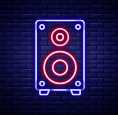 Parlayan neon hattı Stereo hoparlör ikonu tuğla duvar arka planında izole edildi. Ses sistemi hoparlörleri. Müzik ikonu. Müzikal sütun hoparlörü. Renkli taslak konsepti. Vektör