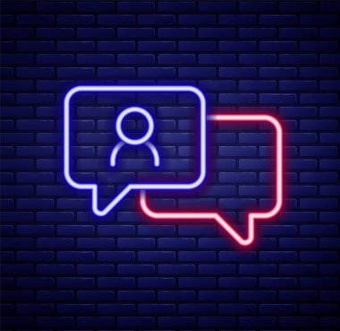 Parlayan neon hattı konuşma balonu sohbet simgesi tuğla duvar arka planında izole edildi. İleti simgesi. İletişim ya da yorum sohbet sembolü. Renkli taslak konsepti. Vektör