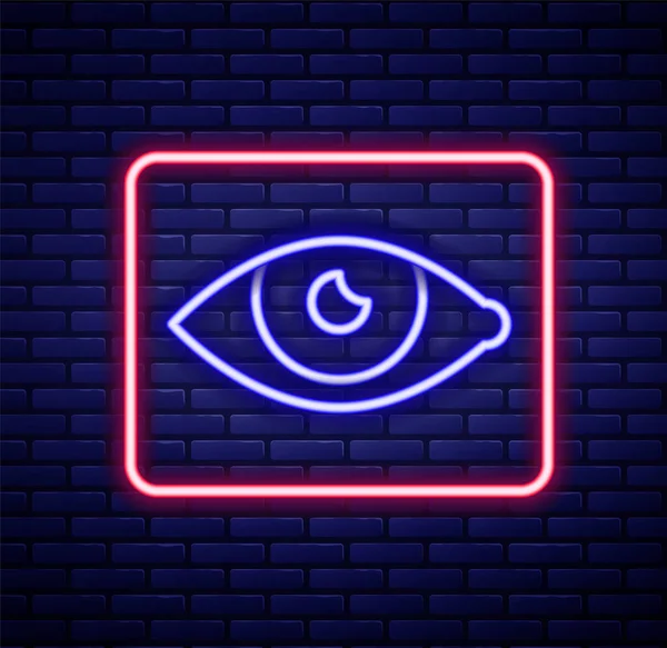 Gloeiende Neon Lijn Rood Oog Effect Pictogram Geïsoleerd Baksteen Muur — Stockvector