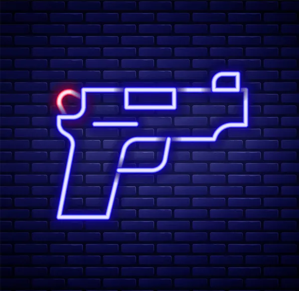 Glowing Neon Line Pistol Gun Icon Isolated Brick Wall Background — Stock Vector