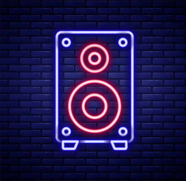 Leuchtende Neon Line Stereo Lautsprechersymbole Isoliert Auf Backstein Hintergrund Soundsystem — Stockvektor