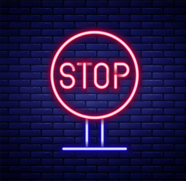 Gloeiende Neon Lijn Stop Teken Pictogram Geïsoleerd Baksteen Muur Achtergrond — Stockvector