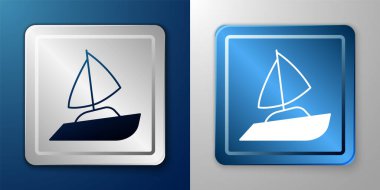 Beyaz Yat yelkenlisi ya da yelkenli ikonu mavi ve gri arka planda izole edilmiş. Yelkenli deniz seyahati. Gümüş ve mavi kare düğme. Vektör
