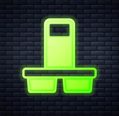 Parlayan neon kahve fincanı tuğla duvar arkasında izole edilmiş bir ikon haline gelecek. Vektör