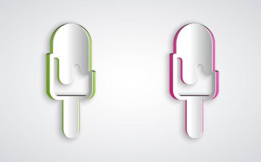 Kağıt kesiği dondurma ikonu gri arka planda izole. Güzel sembol. Kağıt sanatı tarzı. Vektör