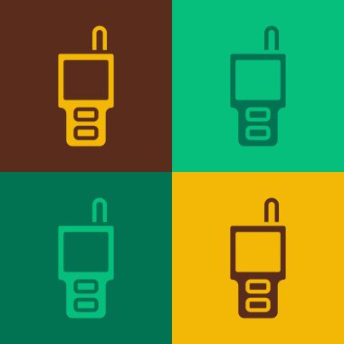 Pop Art Walkie konuşma simgesi renk arkaplanında izole edildi. Taşınabilir radyo vericisi simgesi. Radyo alıcı-vericisi işareti. Vektör