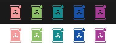 Fıçı simgesindeki radyoaktif atığı siyah beyaz arkaplanda izole et. Zehirli atık fıçısı. Radyoaktif atık emisyonları, çevre kirliliği. Vektör