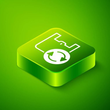 Yeşil arka planda izole edilmiş geri dönüşüm simgesiyle Isometric Paper alışveriş torbası. Geri dönüşüm sembollü çanta. Yeşil kare düğmesi. Vektör